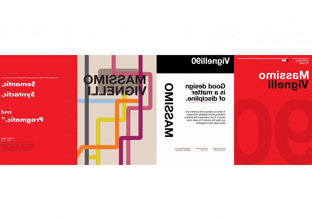 Four posters created by Graphic Design IV students inspired by Massimo Vignelli. Two posters are red, a nod to the Vignelli Canon, one is white with a black header and quotes, the fourth is tan with lines evoking the design of the New York City subway diagrams.